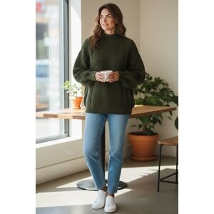 Charcoal Mock Neck Cable Knit Pullover Sweater Chunky Oversized